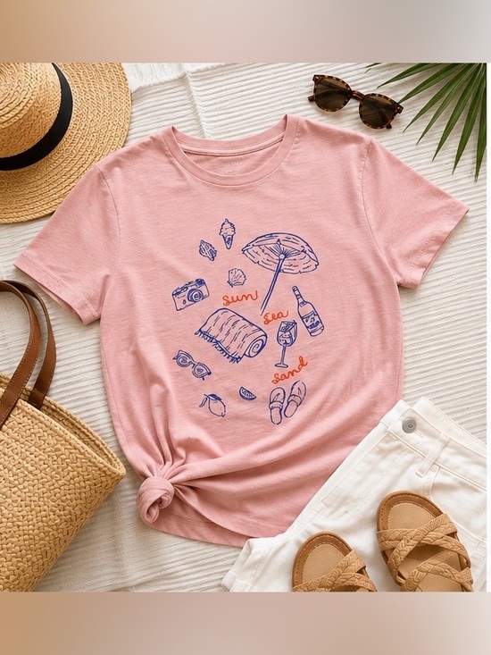 J. Crew Tops - J.Crew Beach Picnic Collector Tee
Pink Graphic "Sun Sea Sand" Cotton